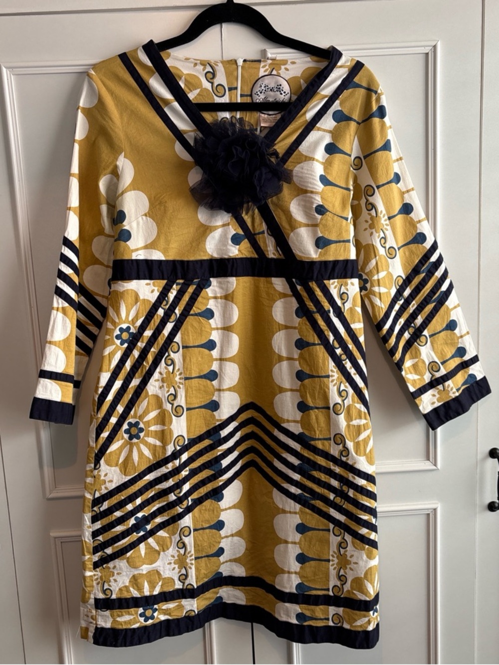 Yellow and navy Floral-Print knee length Dress with navy trim